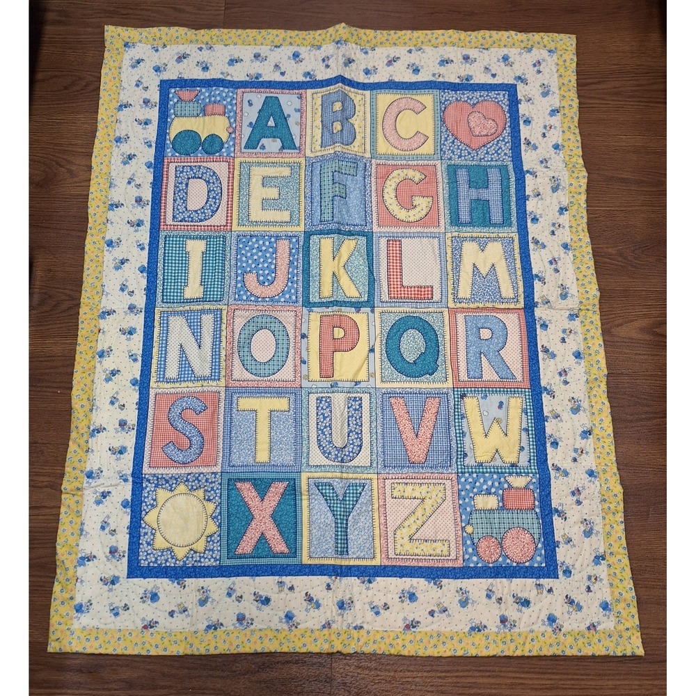 VTG 80s 90s ABC Alphabet Baby Blanket Quilt Patchwork Style Yellow Bunnies